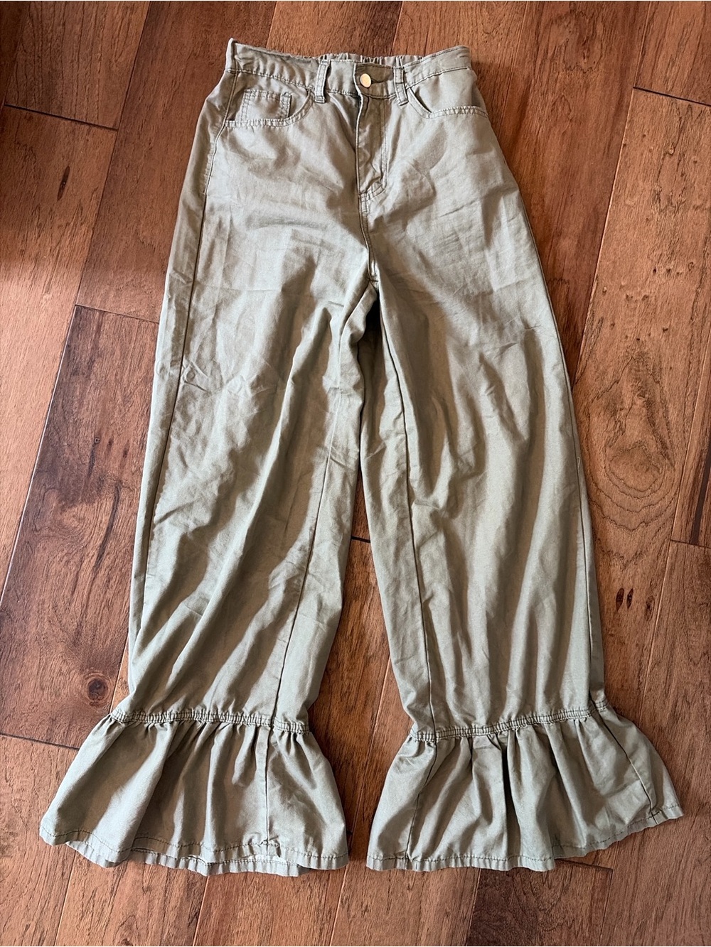Womens Olive Ruffle-Hem Wide Leg Pants